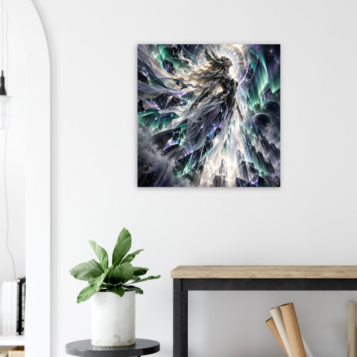 Fantasy-Poster mit Krieger und kreisförmigen Lichtwirbeln, Sterne und grün-blauer Energie