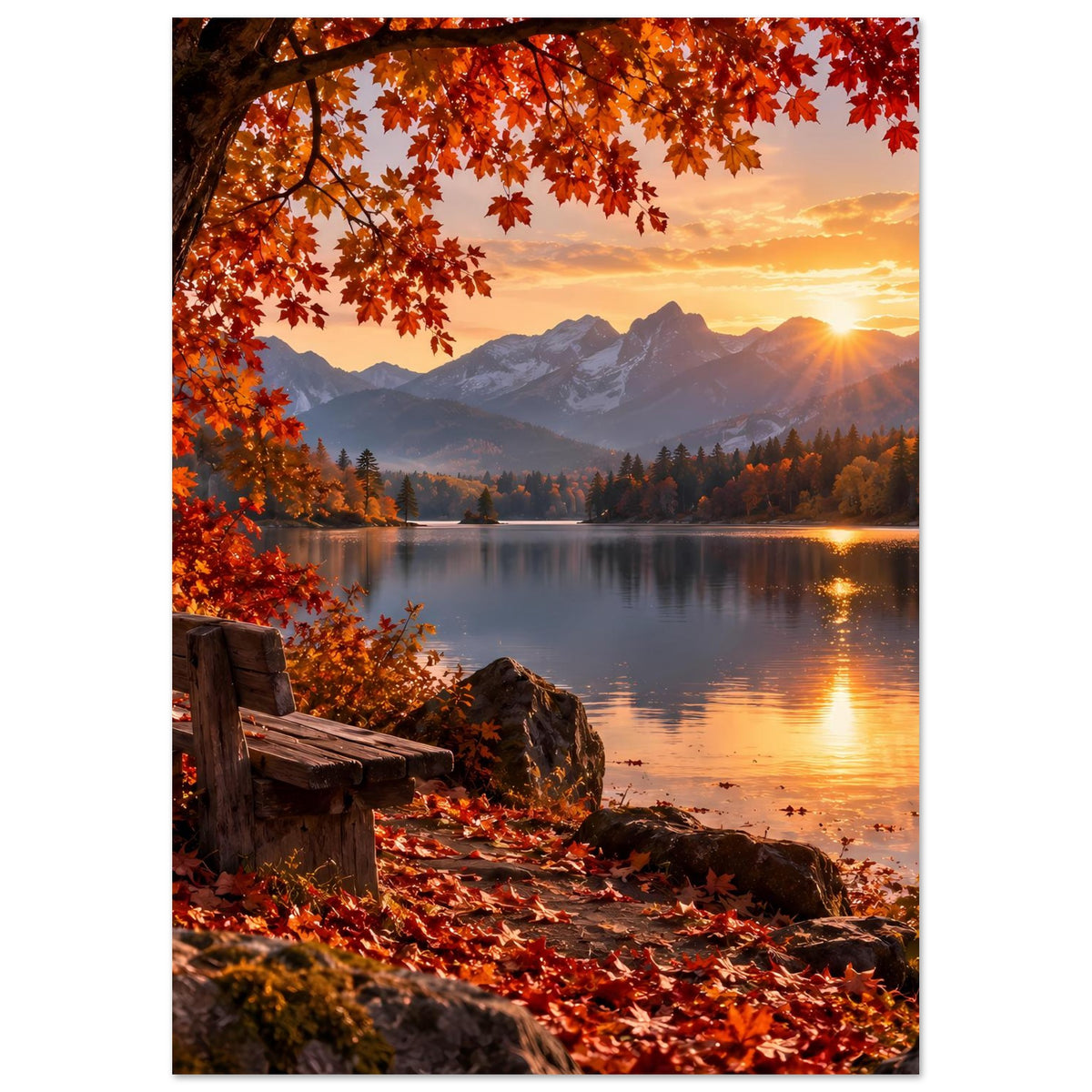 Herbstlandschafts-Poster mit warmem Sonnenuntergang, See, Alpenbergen, rotem Blätterdach und Bank