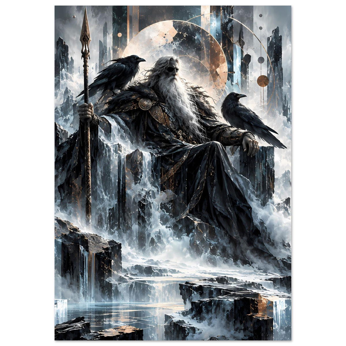 Mythologie-Poster mit nordischem Gott auf Thron, Raben und großer Mondscheibe im Hintergrund