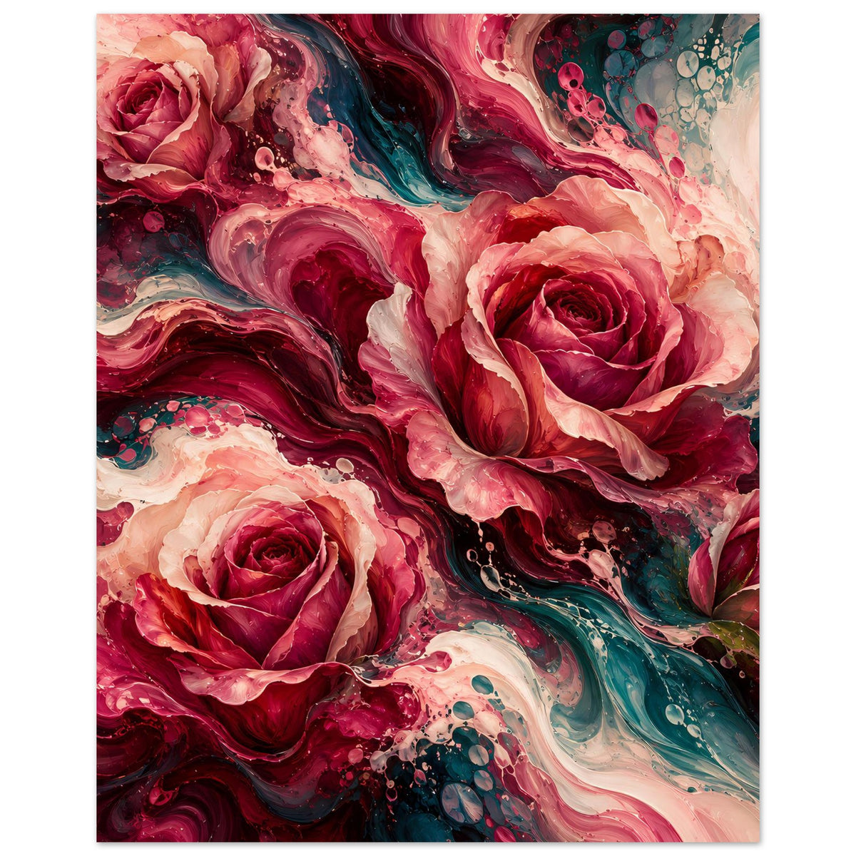 Blumenposter mit abstrakten Rosen in Rot und Pink, Türkisfarbige Partien und Tropfenakzente