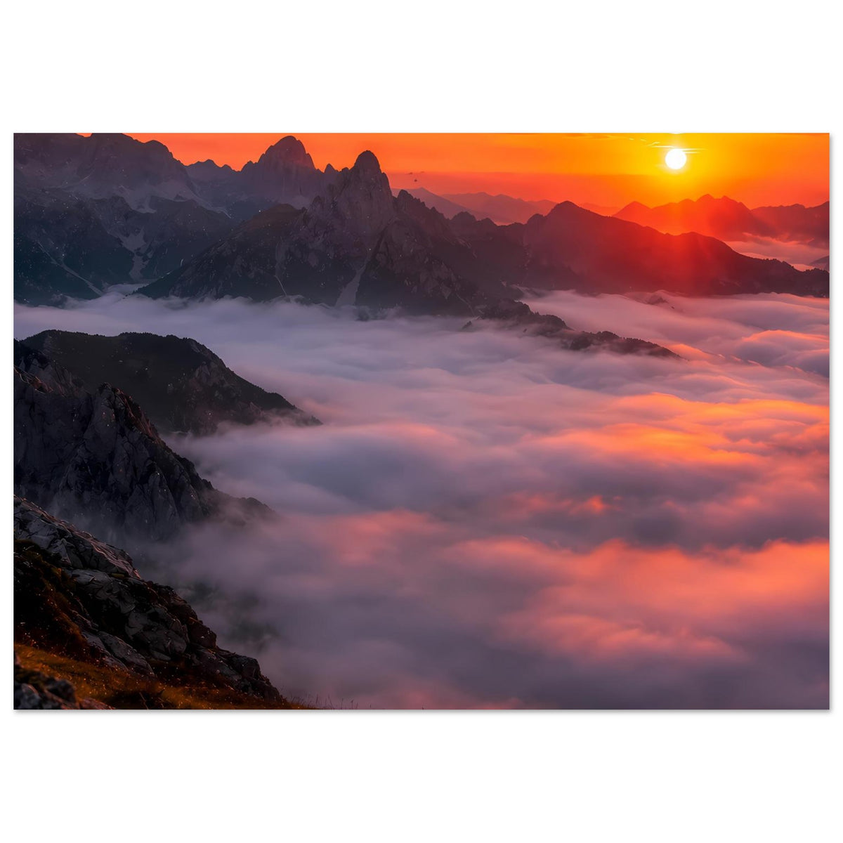 Berglandschafts-Poster mit Sonnenuntergang, Sonne über Bergen und Wolken im Vordergrund