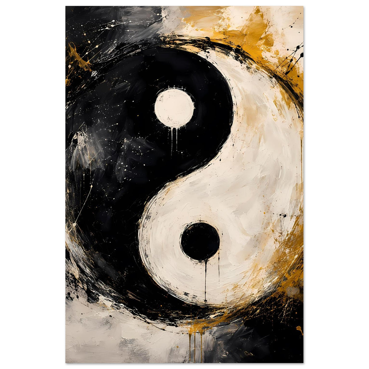 Abstraktes Yin-Yang Poster mit schwarzen und weißen Formen sowie goldenen Spritzern