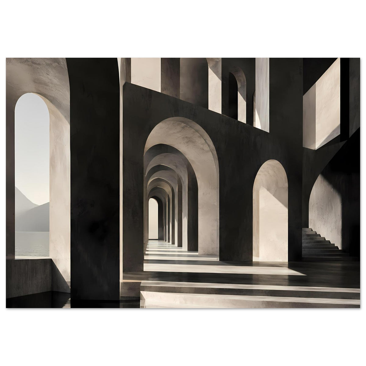 Architekturposter im Querformat: markanter Fluchtpunkt, Bögen und diagonale Schattenlinien