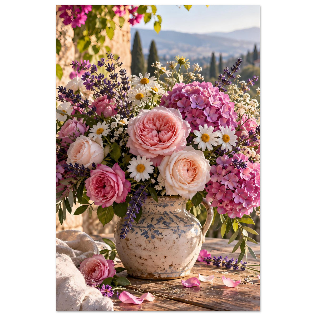 Blumenposter im Hochformat: Strauß aus rosa, lila und weißen Blüten in steiniger Vase