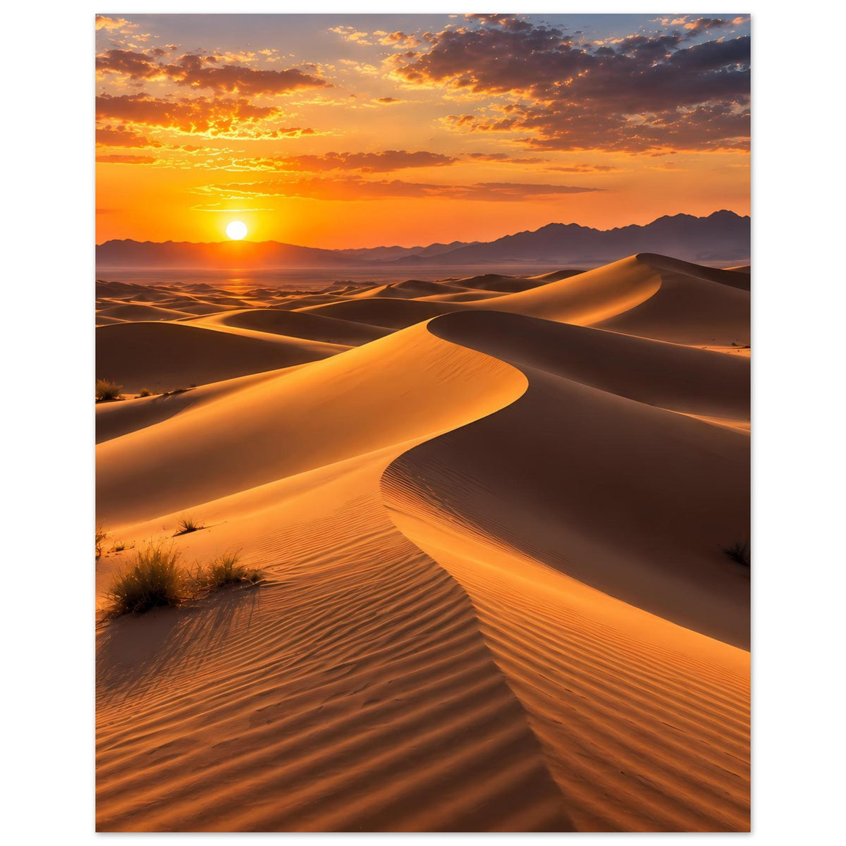 Wüsten-Sonnenuntergang-Poster im Hochformat: goldene Sanddünen, Sonne über Bergsilhouetten