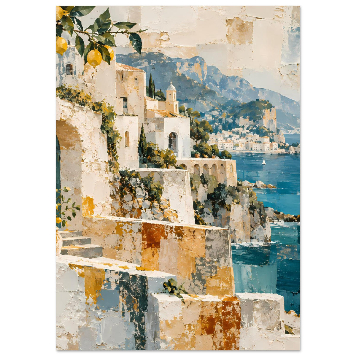 Kunstposter Hochformat mit Küstenlandschaft: ockerfarbene Gebäude, tiefblaues Meer
