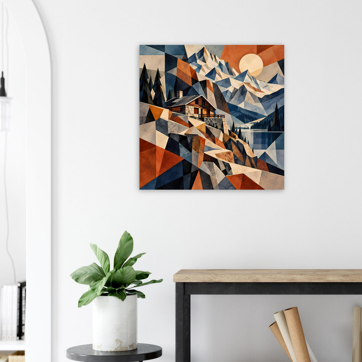 Quadratisches Poster mit geometrischem Bergmotiv in Blau, Rostrot und beigen Erdtönen
