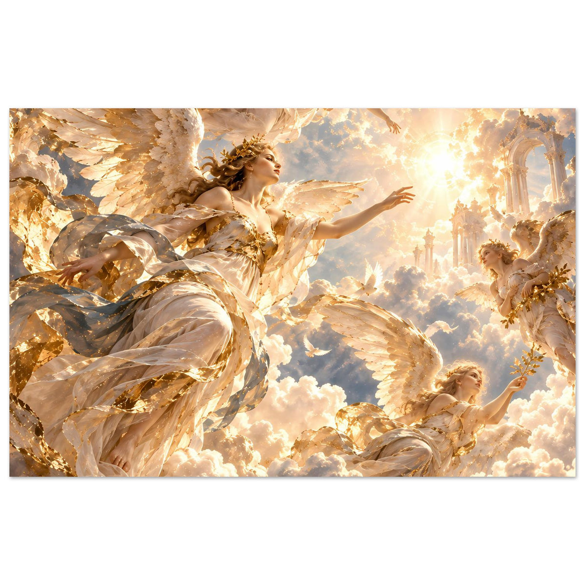 Premium-Mattposter mit Engelmotiv, geflügelte Gestalten in Goldtönen und Flügeln über Wolken