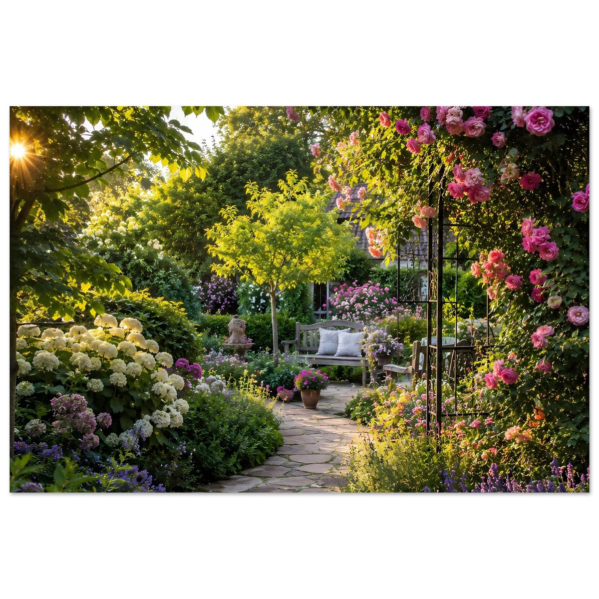 Blumenposter: Gartenallee mit Gartenweg, blühenden Büschen und pinken Rosentrauben