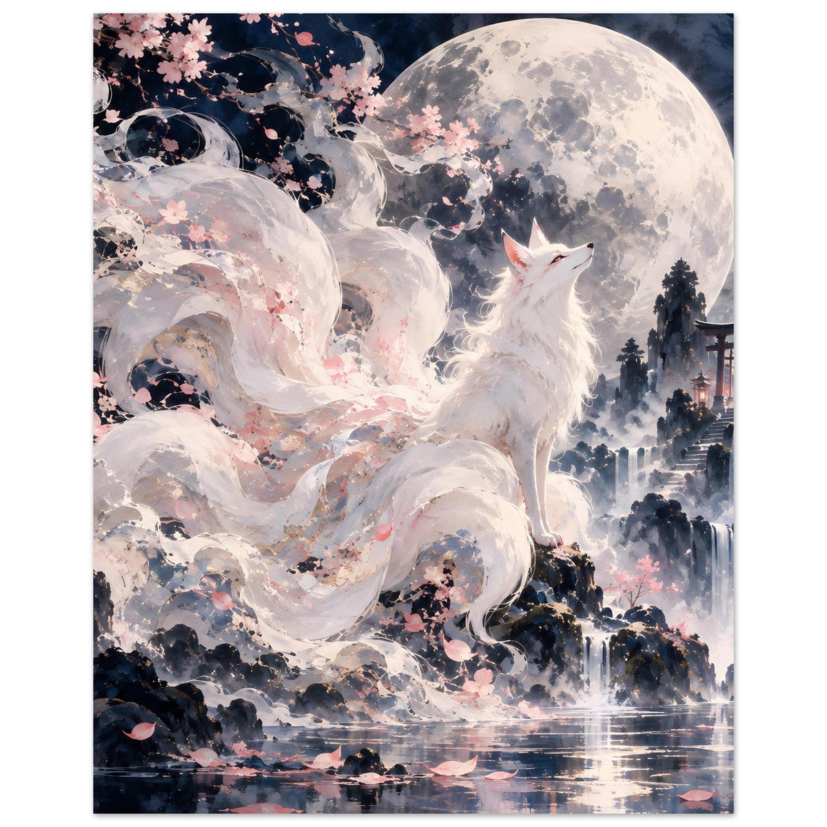 Fantasy-Poster: weißer Fuchs im Vollmond, Kirschblüten und Mondlandschaft