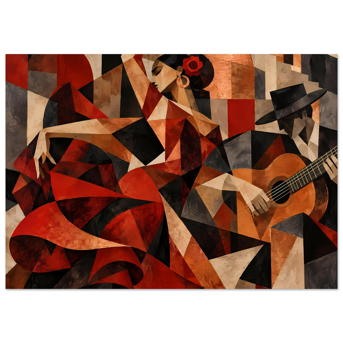 Kunstposter mit Flamenco-Figur und Gitarre, abstraktes Muster in Rot- und Erdtönen