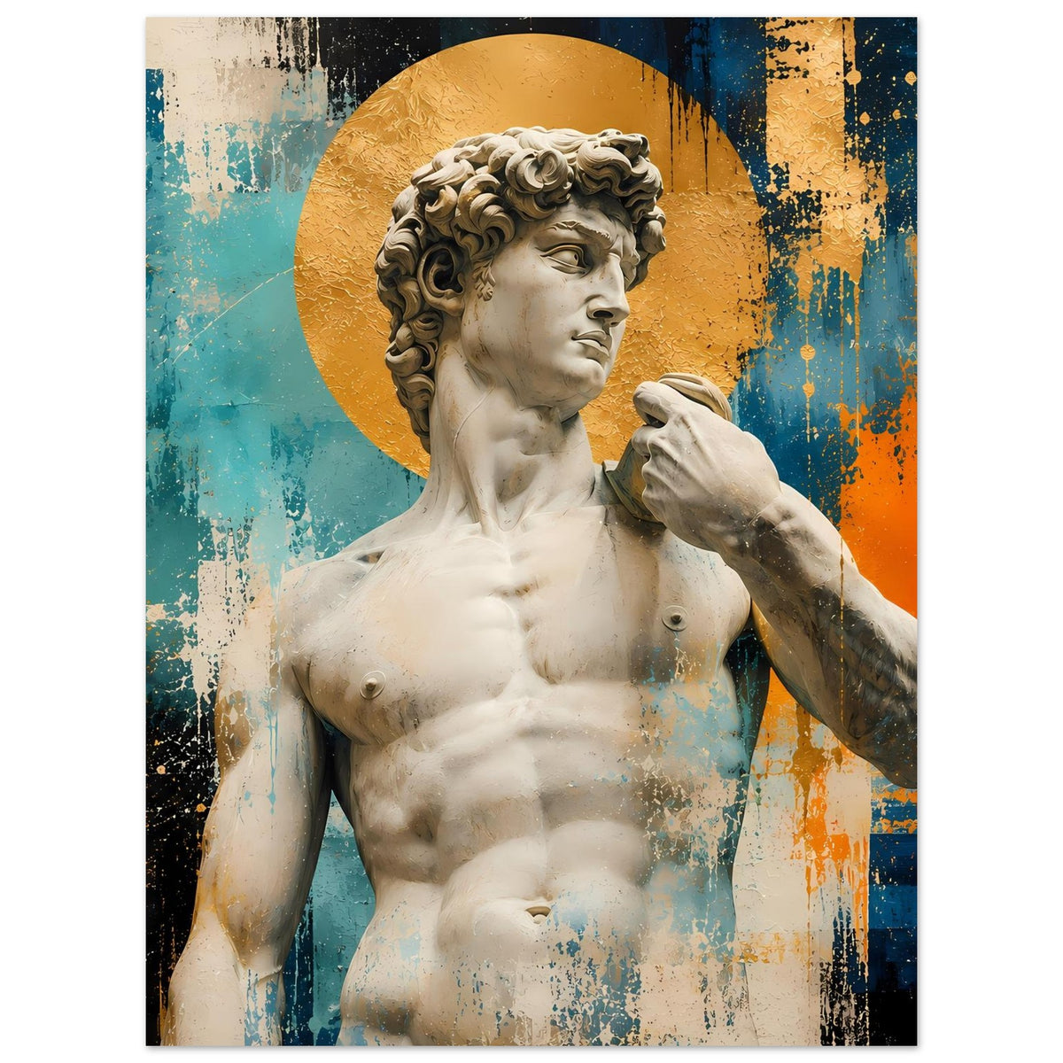 David-Statue im oberen Motivbereich, Gesicht im goldenem Kreis