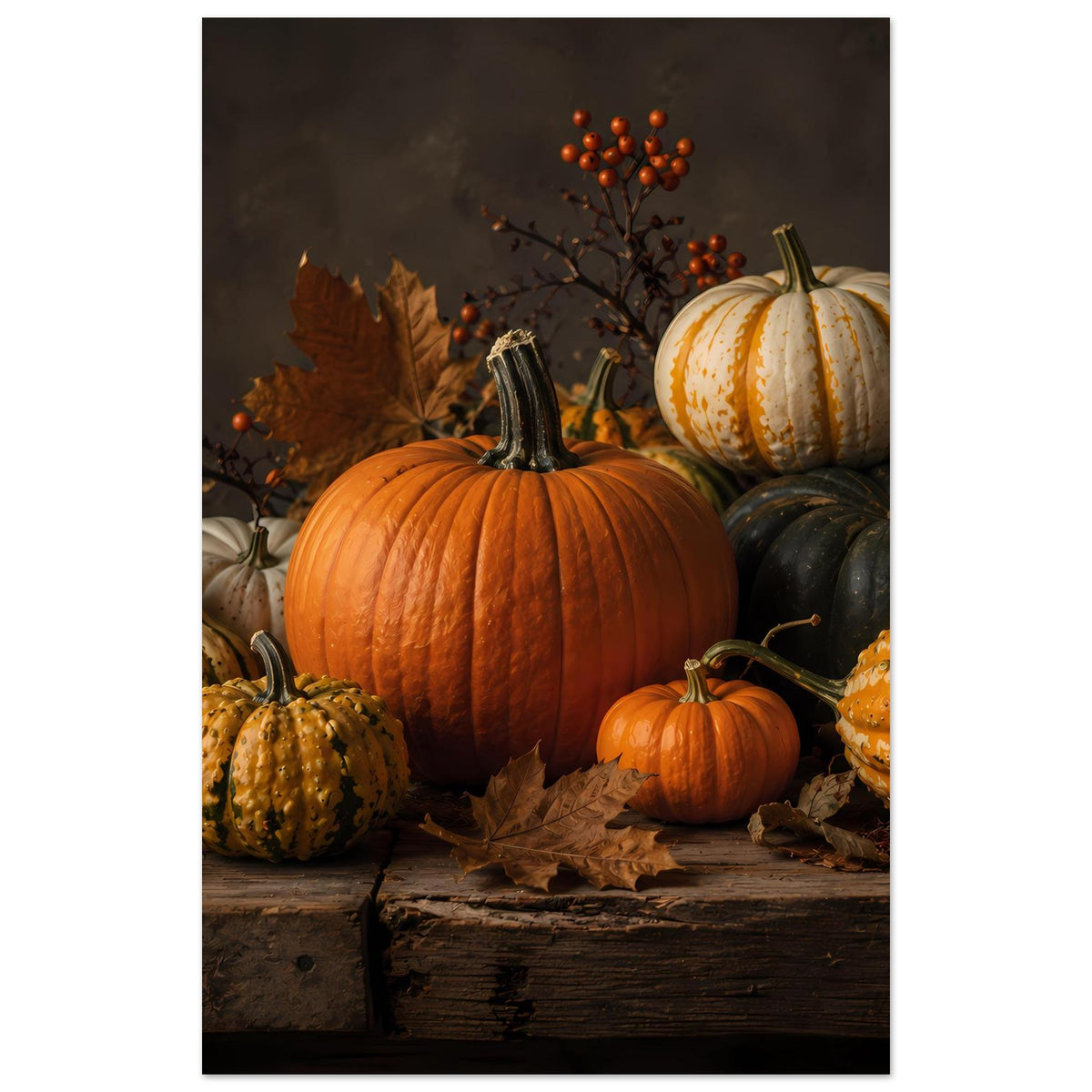 Herbstliches Kürbis-Poster, enger Ausschnitt mit großem orangefarbenem Kürbis und gelbem Laub