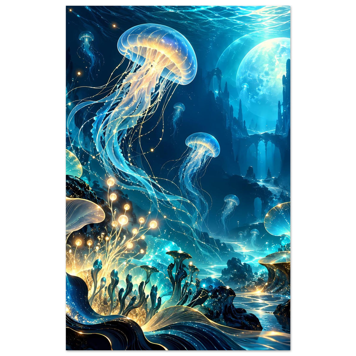 Unterwasserwelt-Poster mit leuchtenden Quallen und goldenen Lichtakzenten, türkisfarbenes Wassermeer