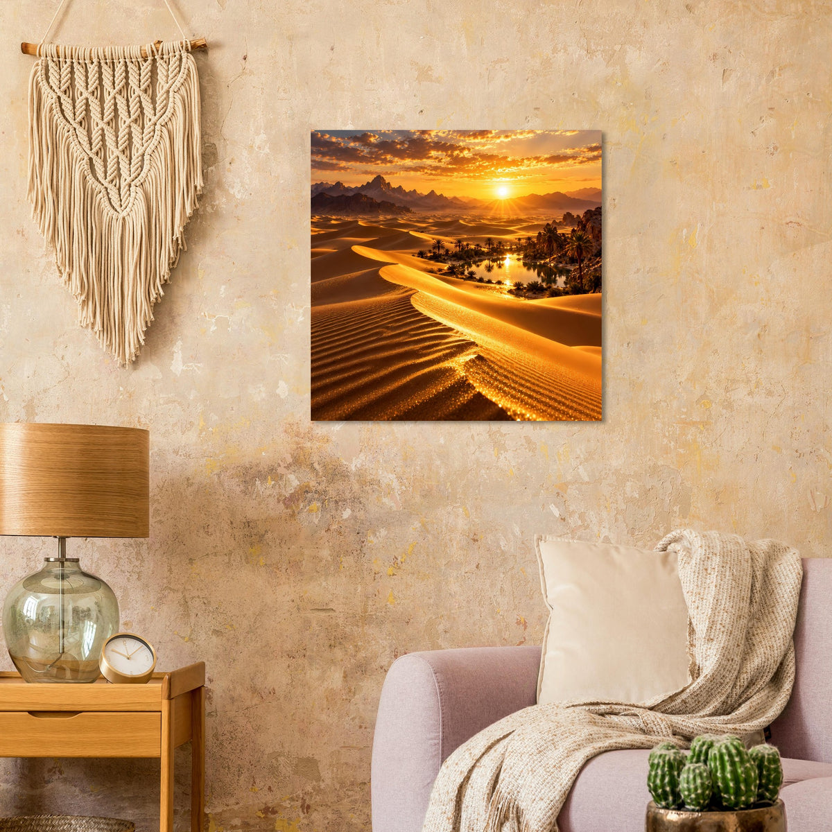 Quadratisches Poster mit Wüstensonnenuntergang, beleuchteten Sandwellen und Häusern am Hang