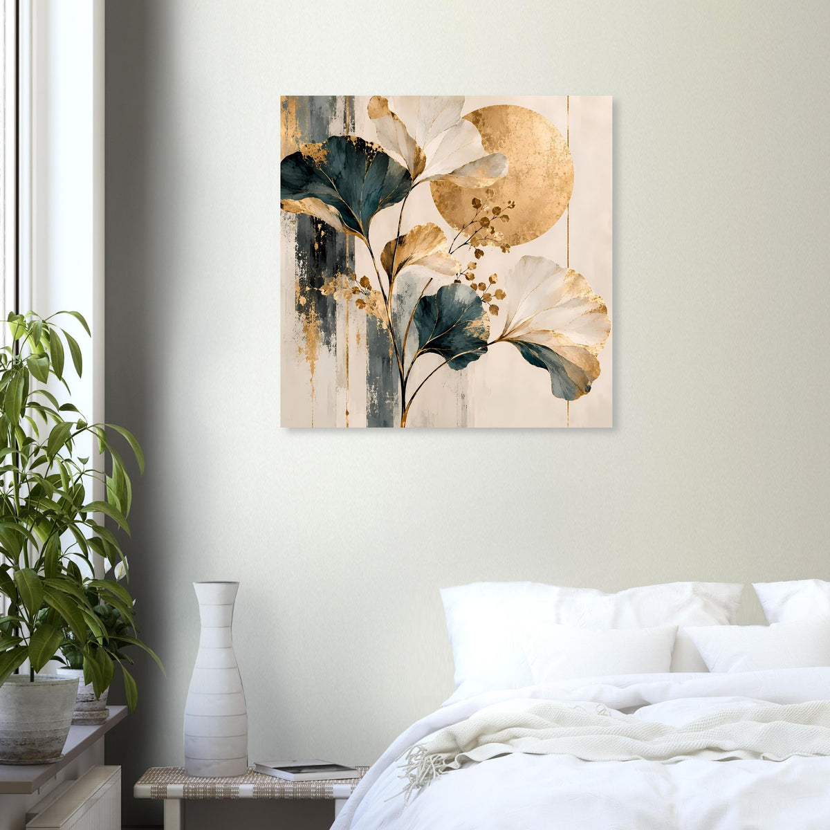 Abstraktes Poster mit Ginkgoblättern in Gold, Beige und Dunkelblau vor Kreisformen