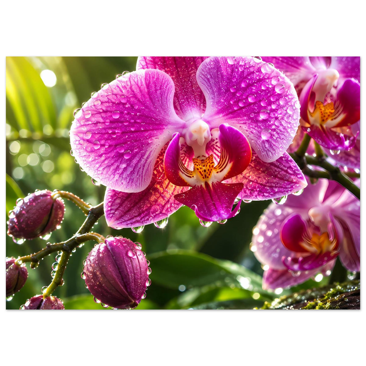 Orchideen-Poster mit pinken Blüten und Glitzer-Wassertropfen, drei Blüten