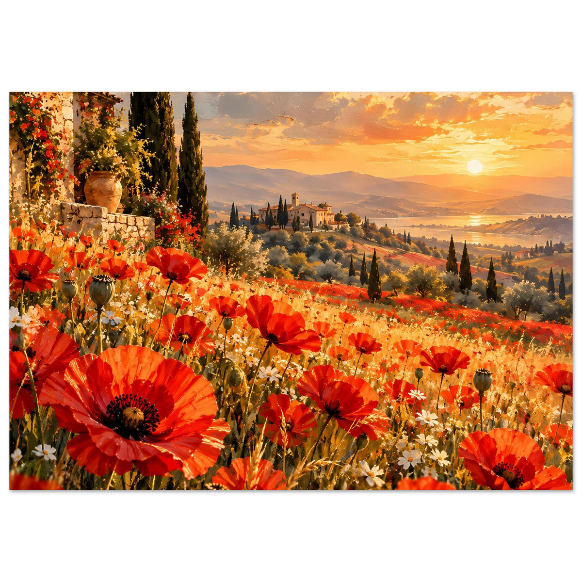 Horizontales Poster: rote Mohnwiese mit hellen Blüten, Abendsonne am Horizont
