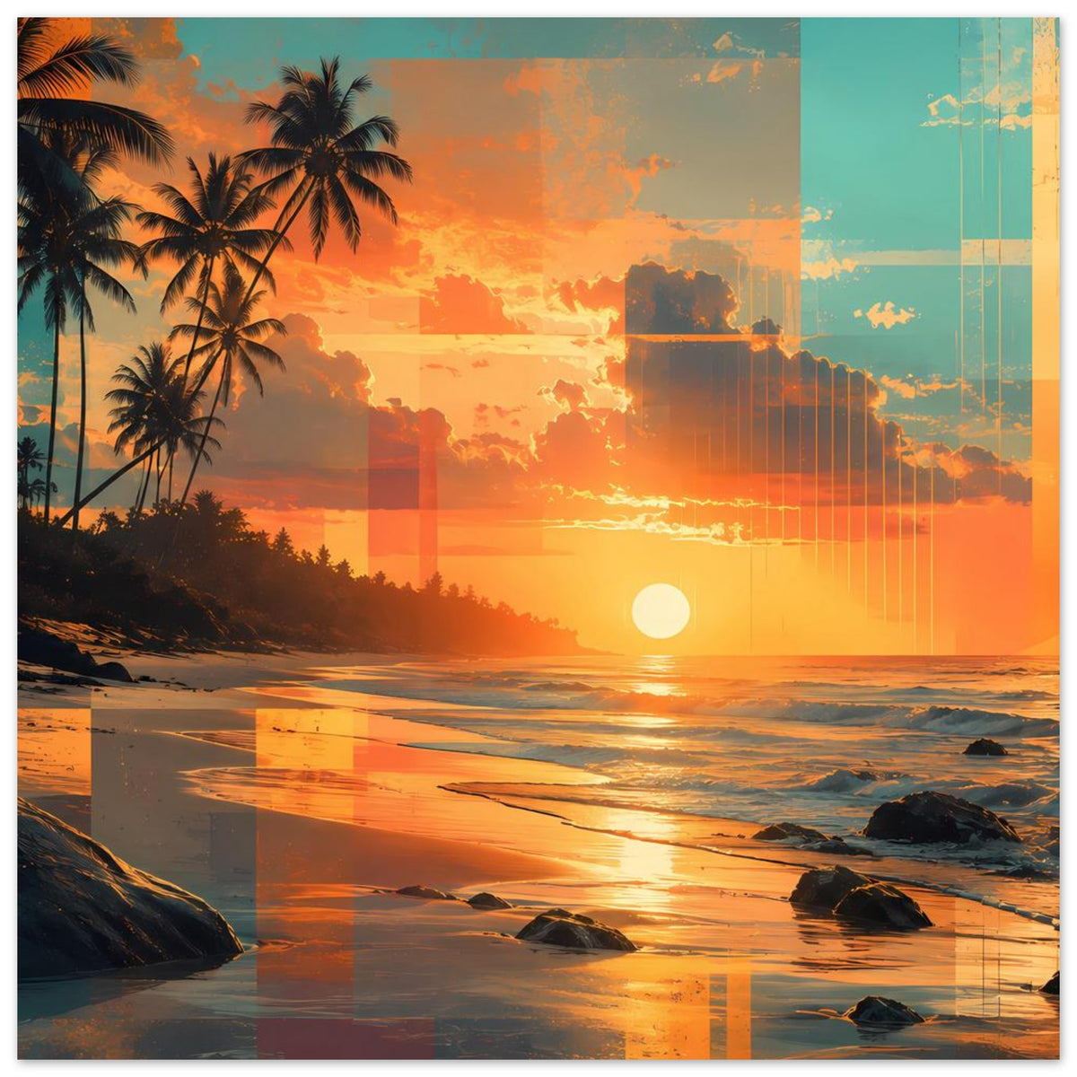 Beachdruck-Poster im Hochformat mit Palmen, Küste und untergehender Sonne über dem Meer