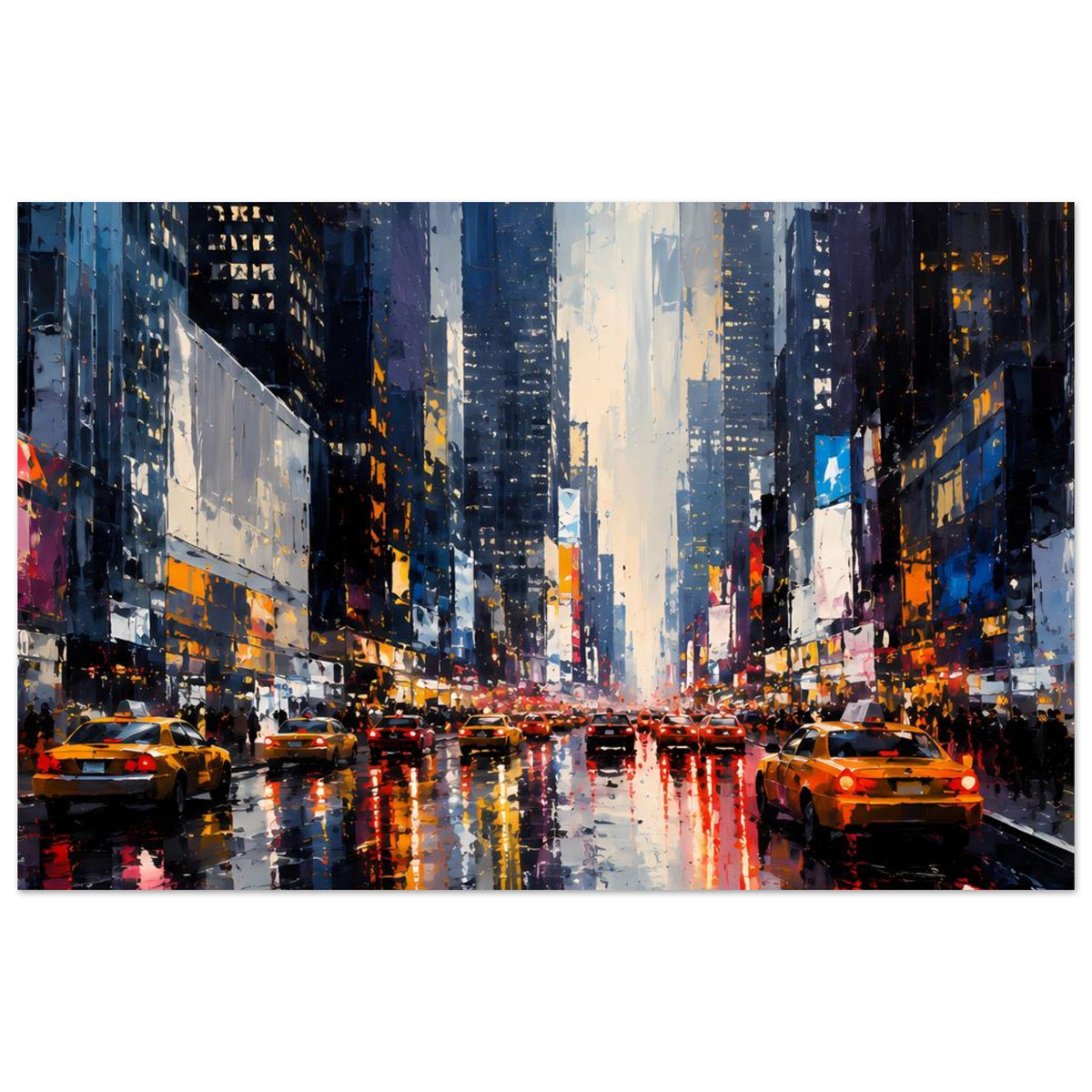 Stadtposter im Querformat: Hochhäuser, Verkehrslichter und spiegelnde Pfützen