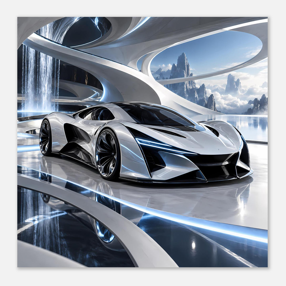 Auto-Poster im Querformat: silberner Supersportwagen mit schwarzer Frontlippe und blauen Akzenten.
