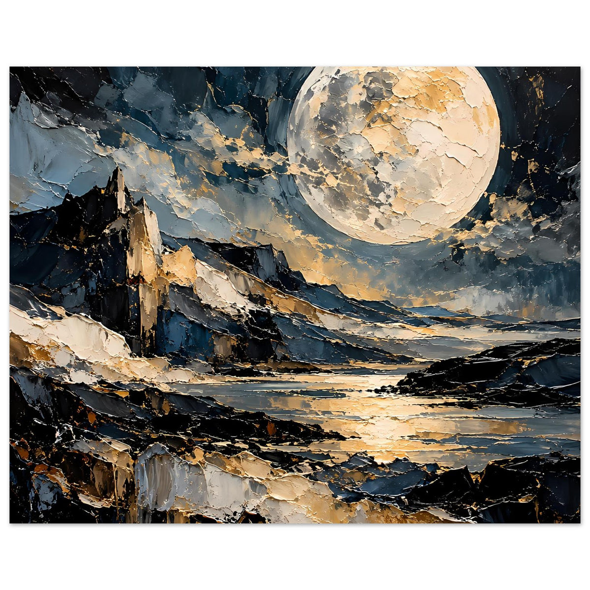 Horizontales Poster mit goldenem Vollmond, Berge und See in dramatischer abstrakter Maltextur.