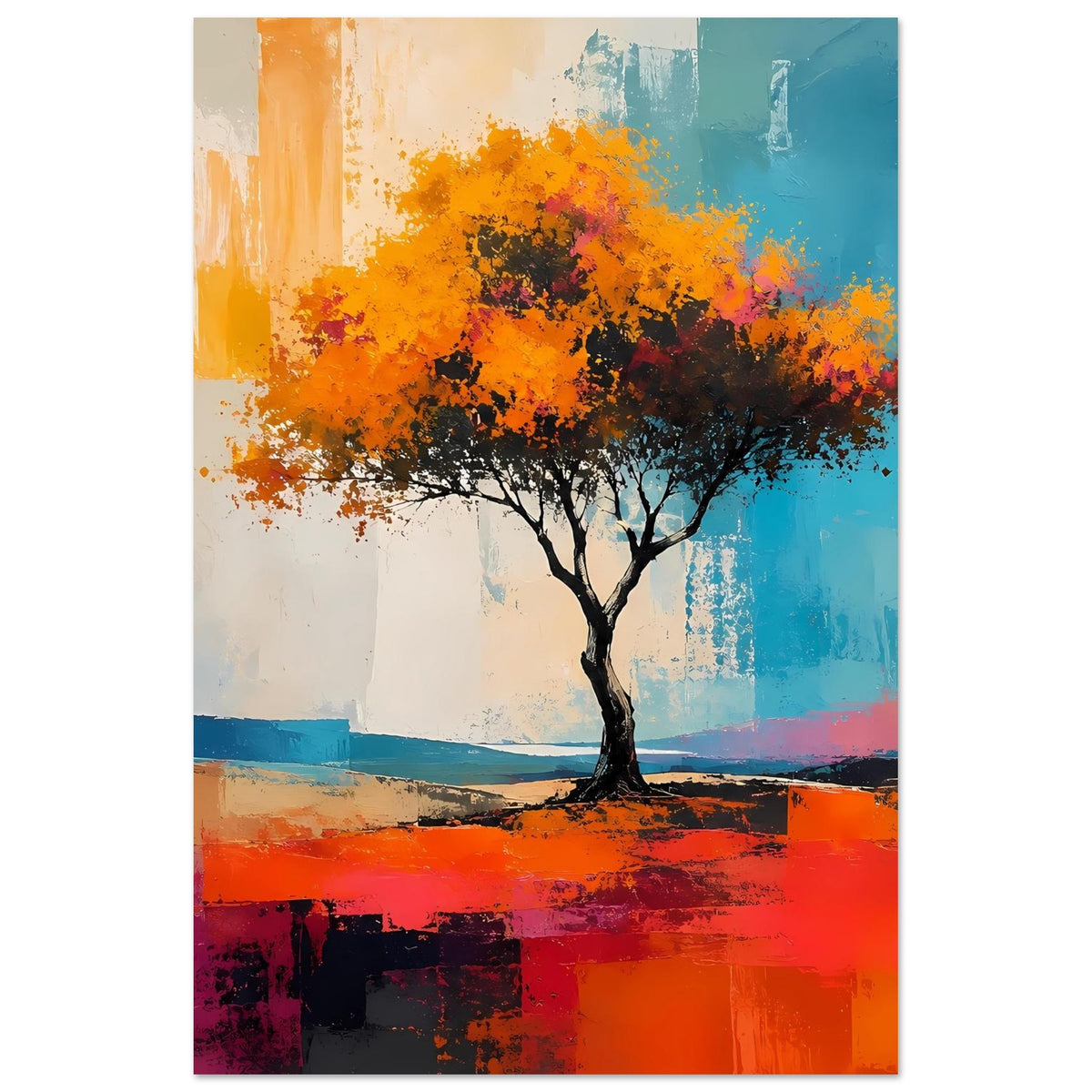 Abstraktes Poster: Baum in leuchtendem Orange, türkisfarbene Farbstreifen und schwarzer Stamm