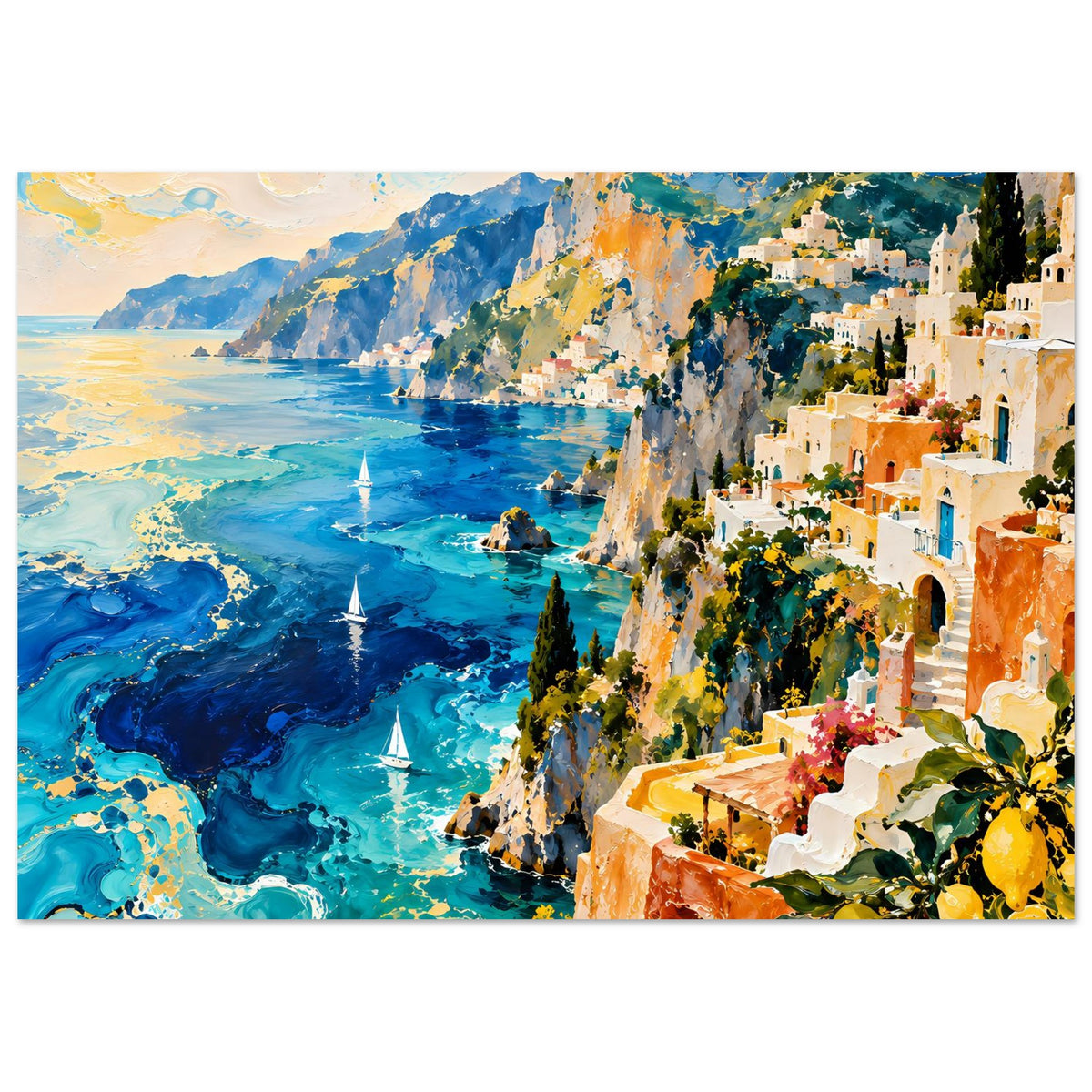 Breitformat-Küstenposter: blaues Meer, Klippenhang mit weißen Häusern, orangefarbene Wände