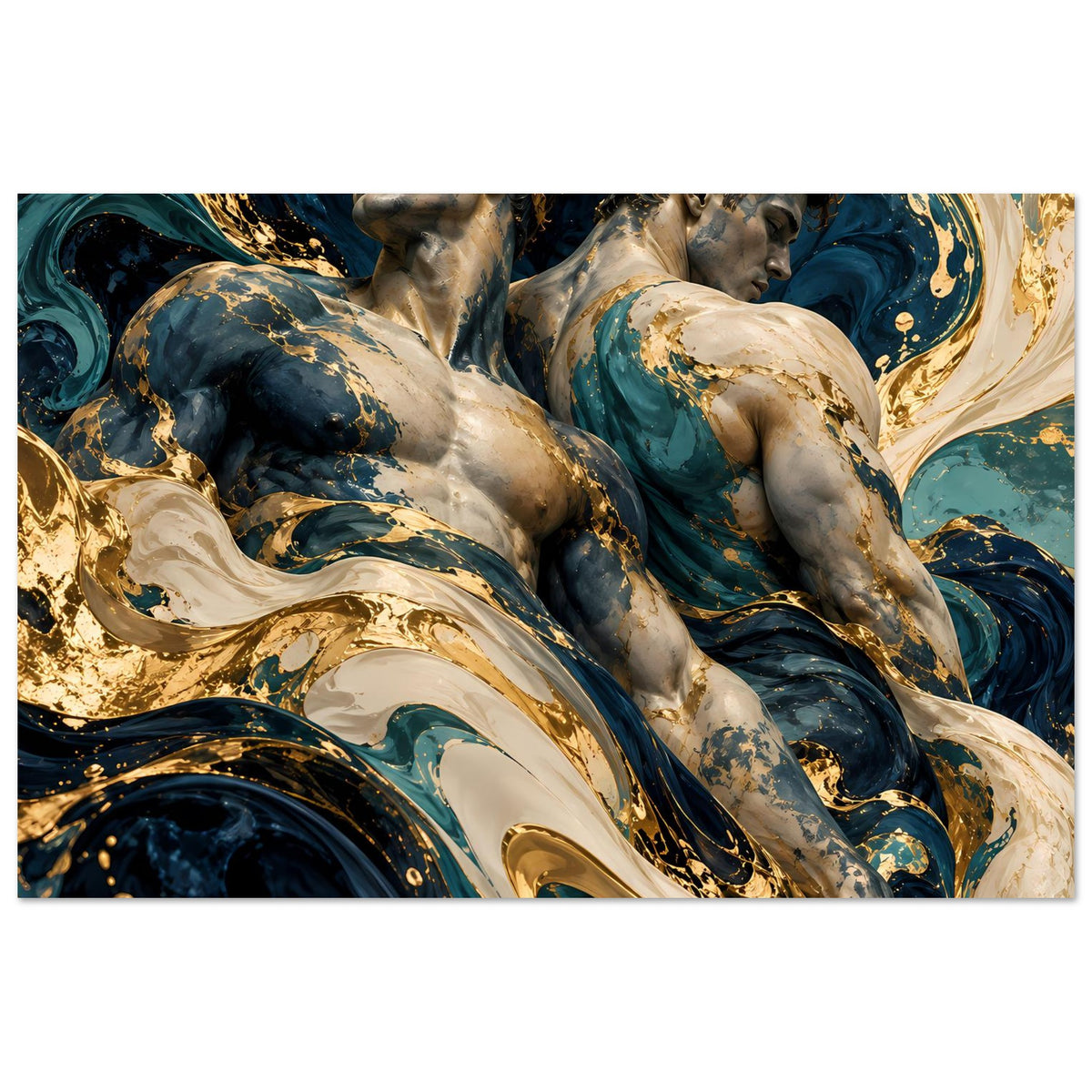 Kunstposter mit zwei Frauenfiguren, Blau-Gold-Details und schimmernden Farbschwüngen