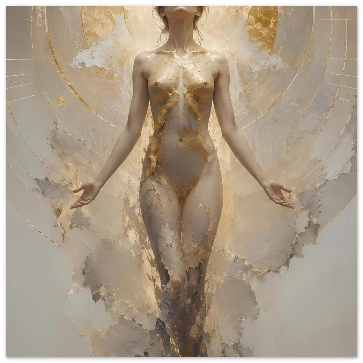 Poster: schwebende Frauenfigur in Creme und Gold, zentriert, Ganzkörper