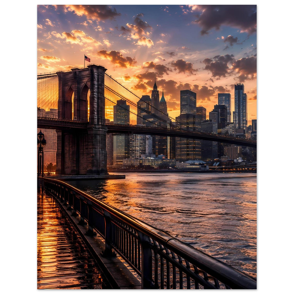 Poster mit Brooklyn Bridge und Manhattan-Skyline über dem Fluss bei Abendsonne