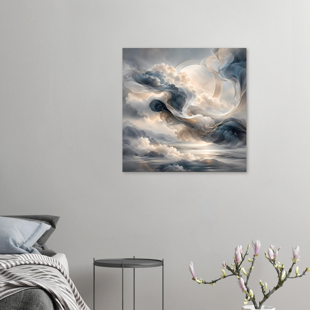 Quadratisches Himmelsposter mit Wolken, hellen Spiralen und Sonnenaufgang am Horizont