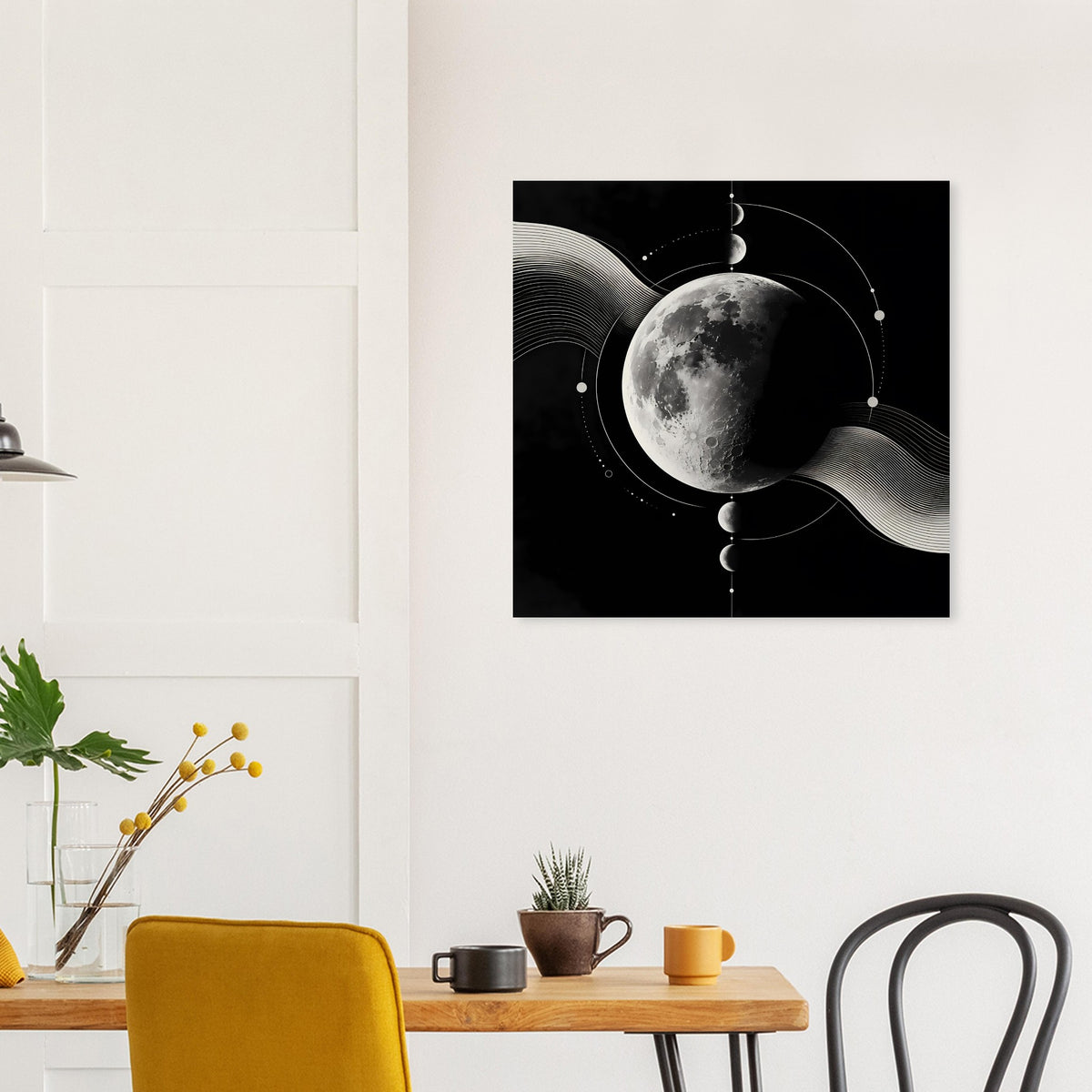 Poster mit silbernem Mondmotiv: abstrakte Kreise und Punkte, Wellenlinien auf Schwarz