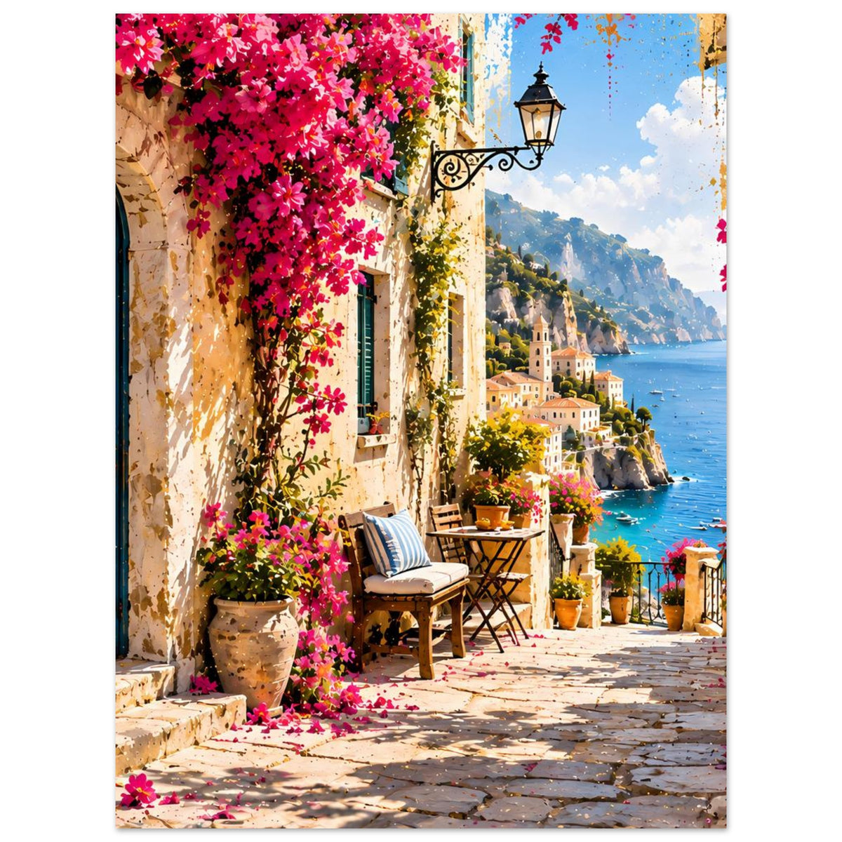 Posterdruck mit mediterranem Gassenblick, pinken Blüten und Meer im Hintergrund