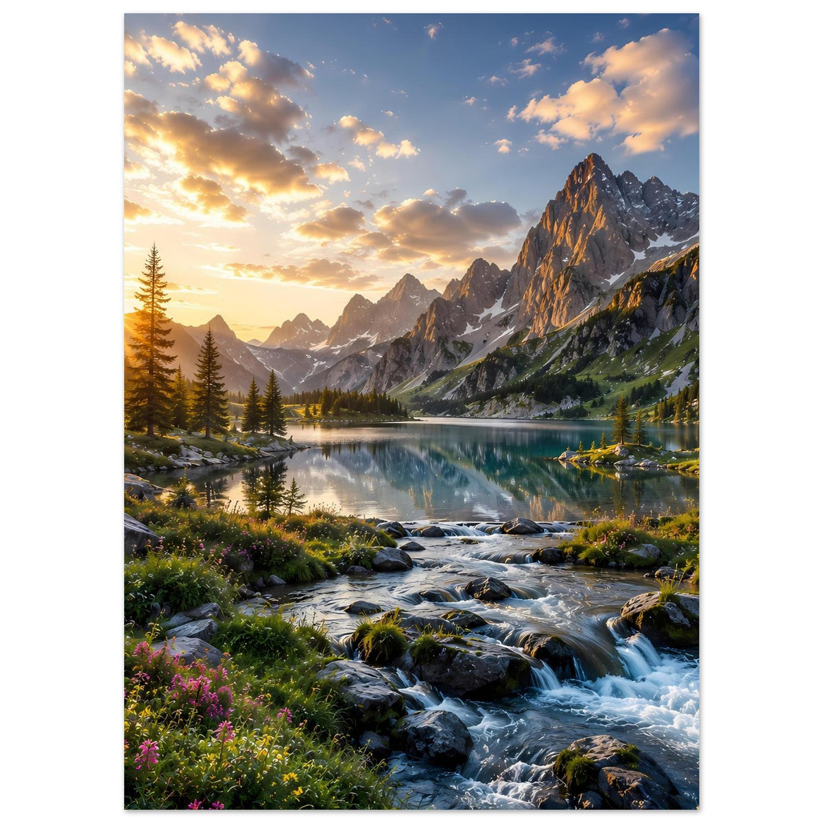 Poster mit Bergpanorama, Sonnenaufgang und See; Bach fließt über Steine und Geröll