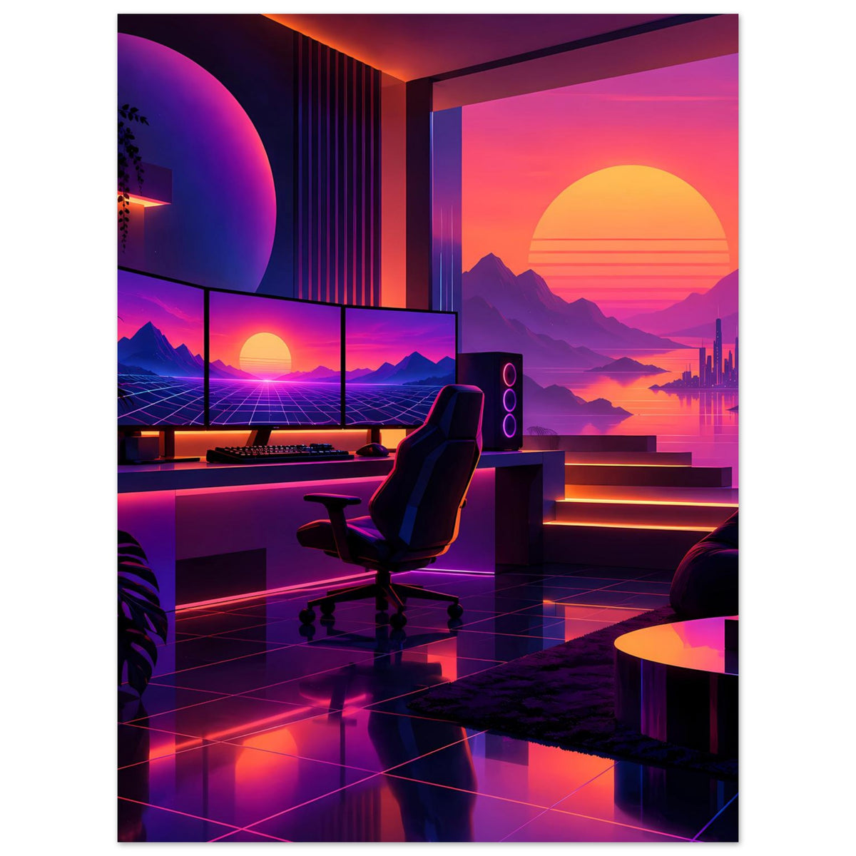 Neonfarbenes Retro-Poster im Hochformat: Lounge, Geländer, Sonnenuntergang in Pink/Violett