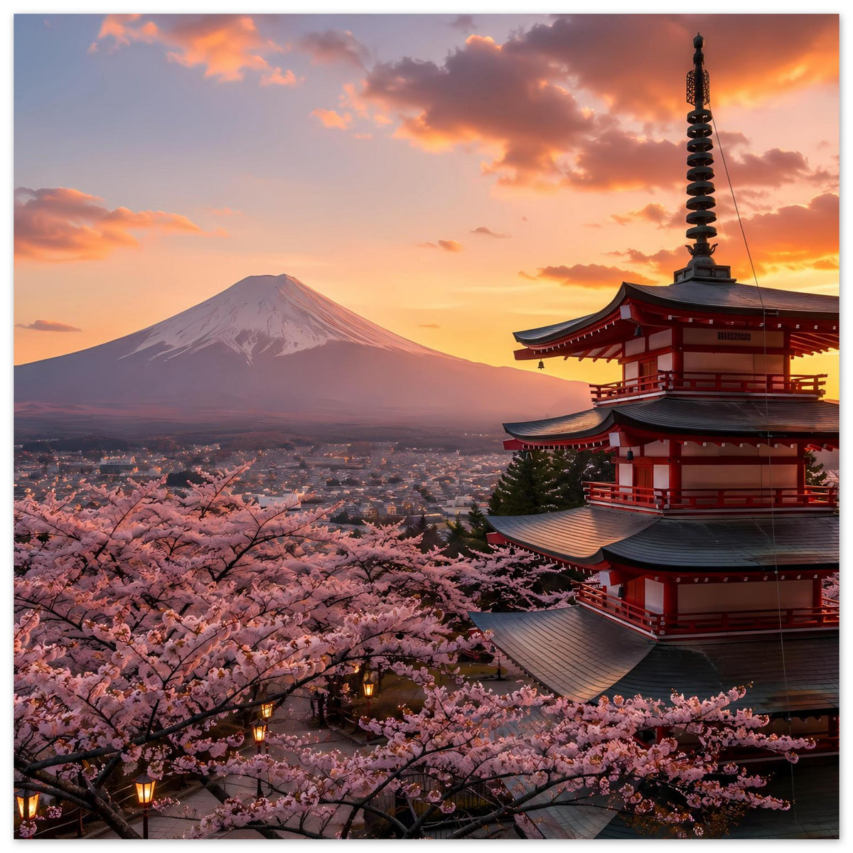 Vertikales Japanisches Kunstposter mit Berg Fuji, Kirschblüten und Pagode rechts, Abendhimmel