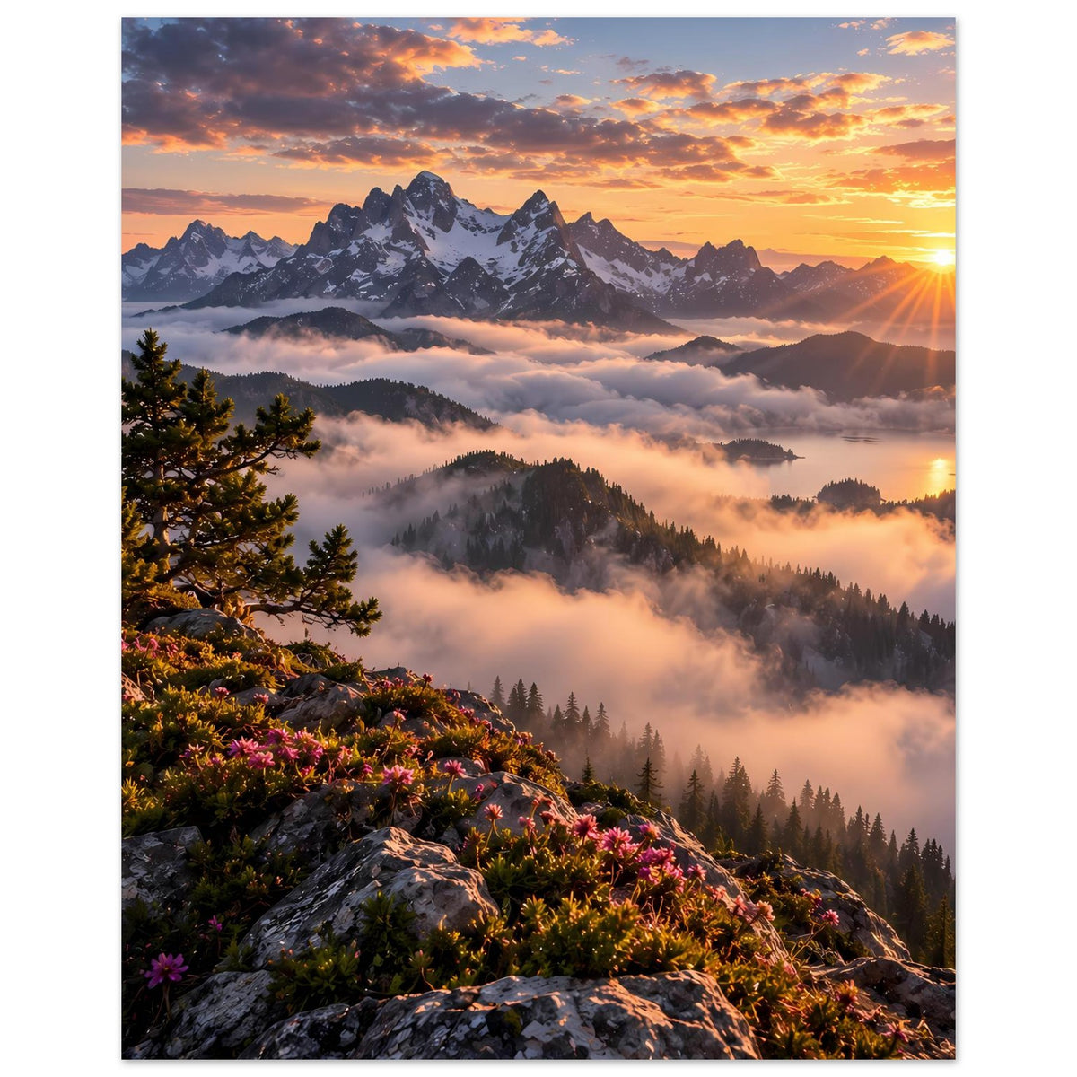 Vertikales Wandposter mit Sonnenaufgang, Berggipfeln, Tannen und Nebellandschaft