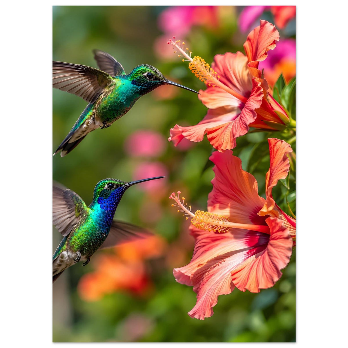 Poster mit Kolibris und orange-pinken Hibiskusblüten