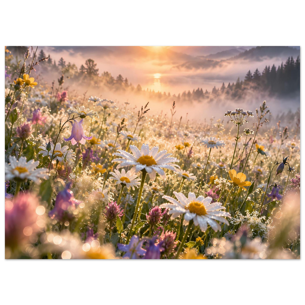 Gerahmtes Poster (horizontal) mit Wiesenblumen, goldenem Licht und fernen Bergen