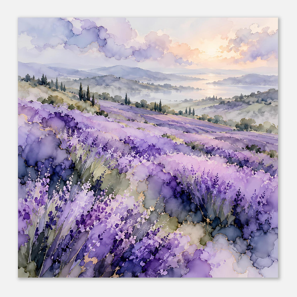 Querformat-Aquarellposter: Lavendelfeld in Violett mit goldfarbenem Licht und Nebelhügeln