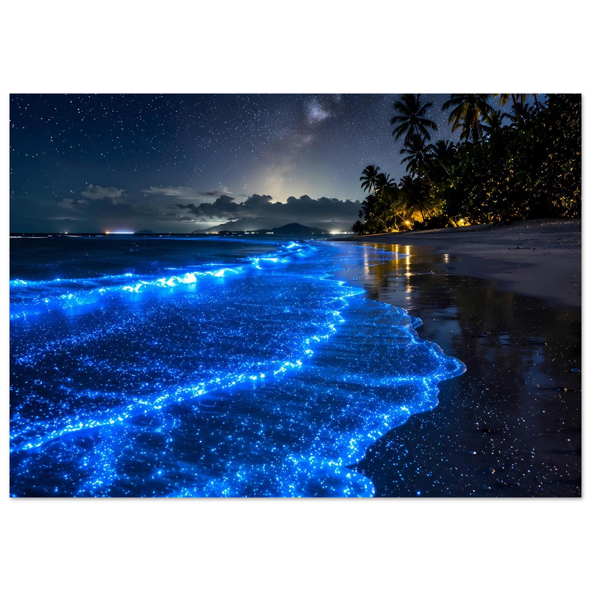 Poster: tropischer Nachtstrand mit blau leuchtender Brandung und Palmen am Rand