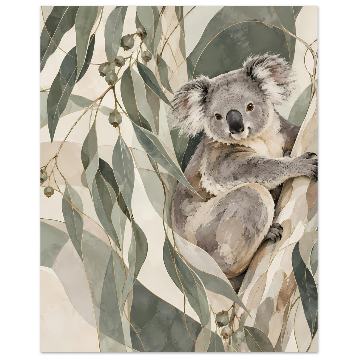 Koala-Porträtposter: grauer Koala mit ausgestrecktem Arm, umgeben von Blättern und Ästen