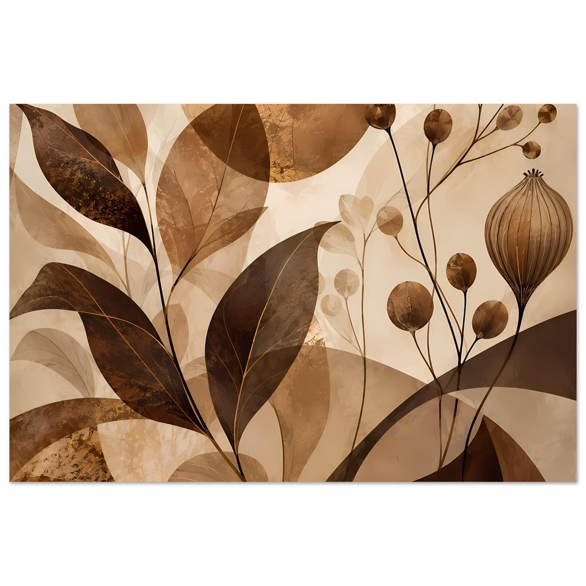 Blumenposter mit abstrakten Blättern und Blüten in warmen Braun- und Beigetönen, horizontal
