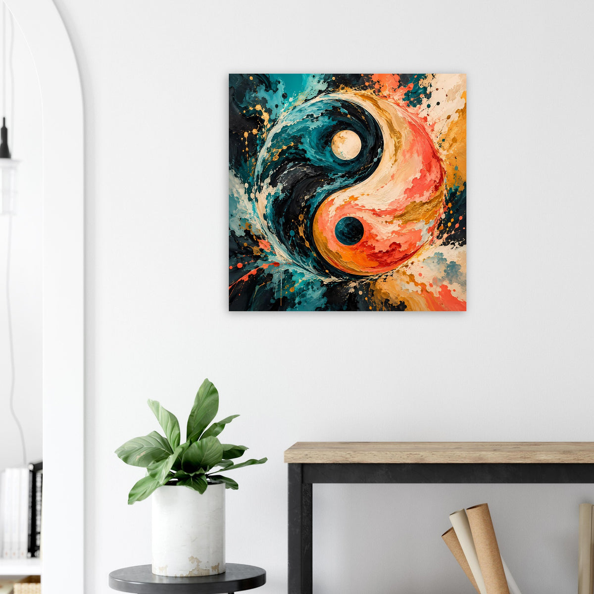 Quadratisches Yin‑Yang‑Poster mit türkis-schwarzer Spiralform und orange Farbwolken