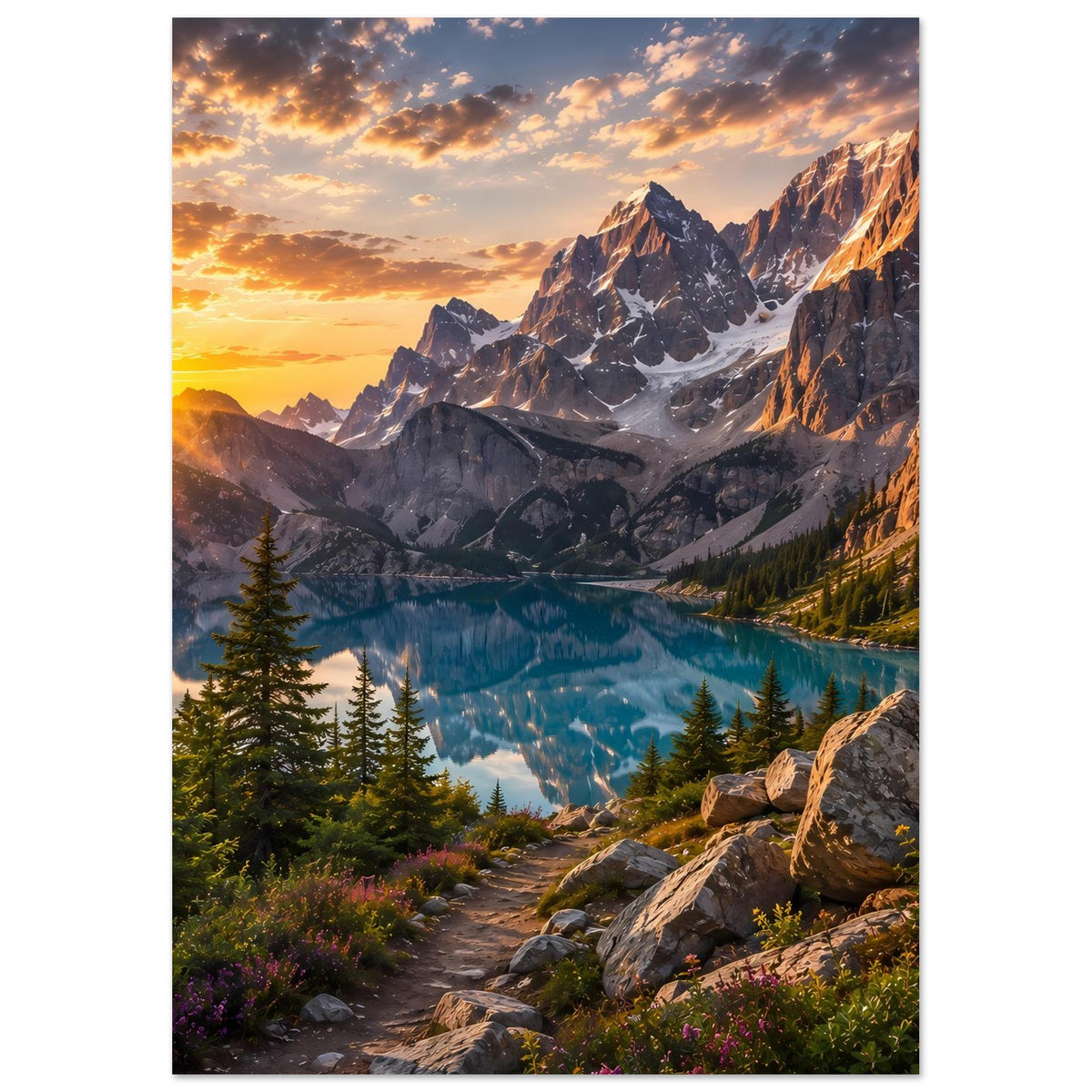 Hochformatiges Wandposter mit Sonnenaufgang über schroffen Bergen und blauem See