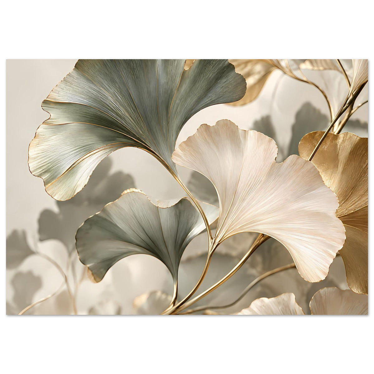 Poster mit Ginkgo-Motiv: helle Cremeblätter, Grau-Grün-Blätter und Goldakzente