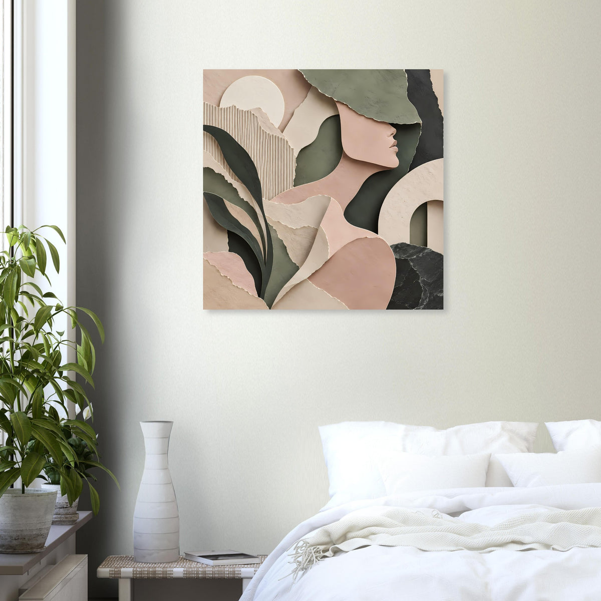 Quadratisches abstraktes Poster mit Frauenprofil, Beige-, Grün- und Brauntönen