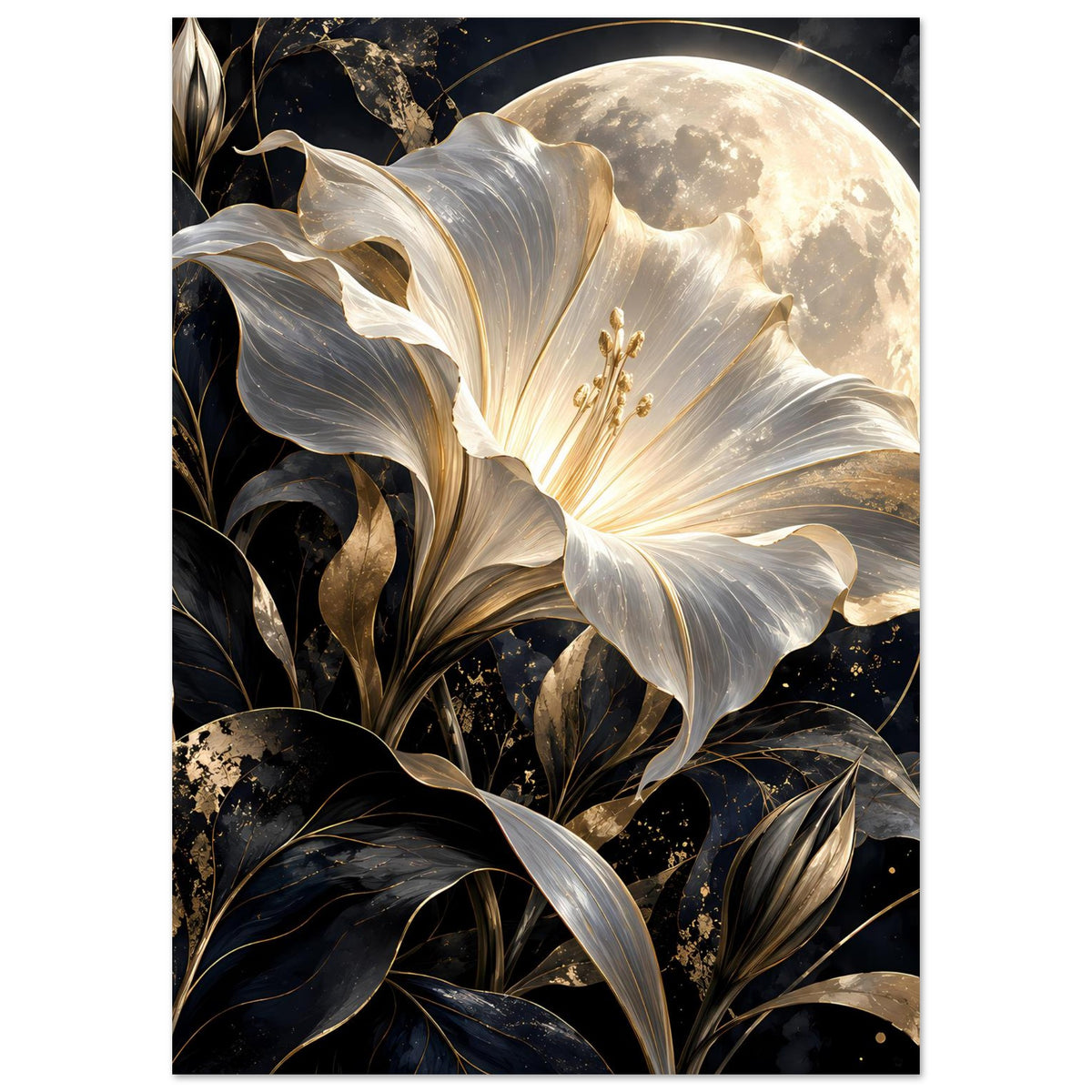 Poster mit Lilienblüte und Mondsichel, goldene Sprenkel und elegante Blätter auf dunklem Grund