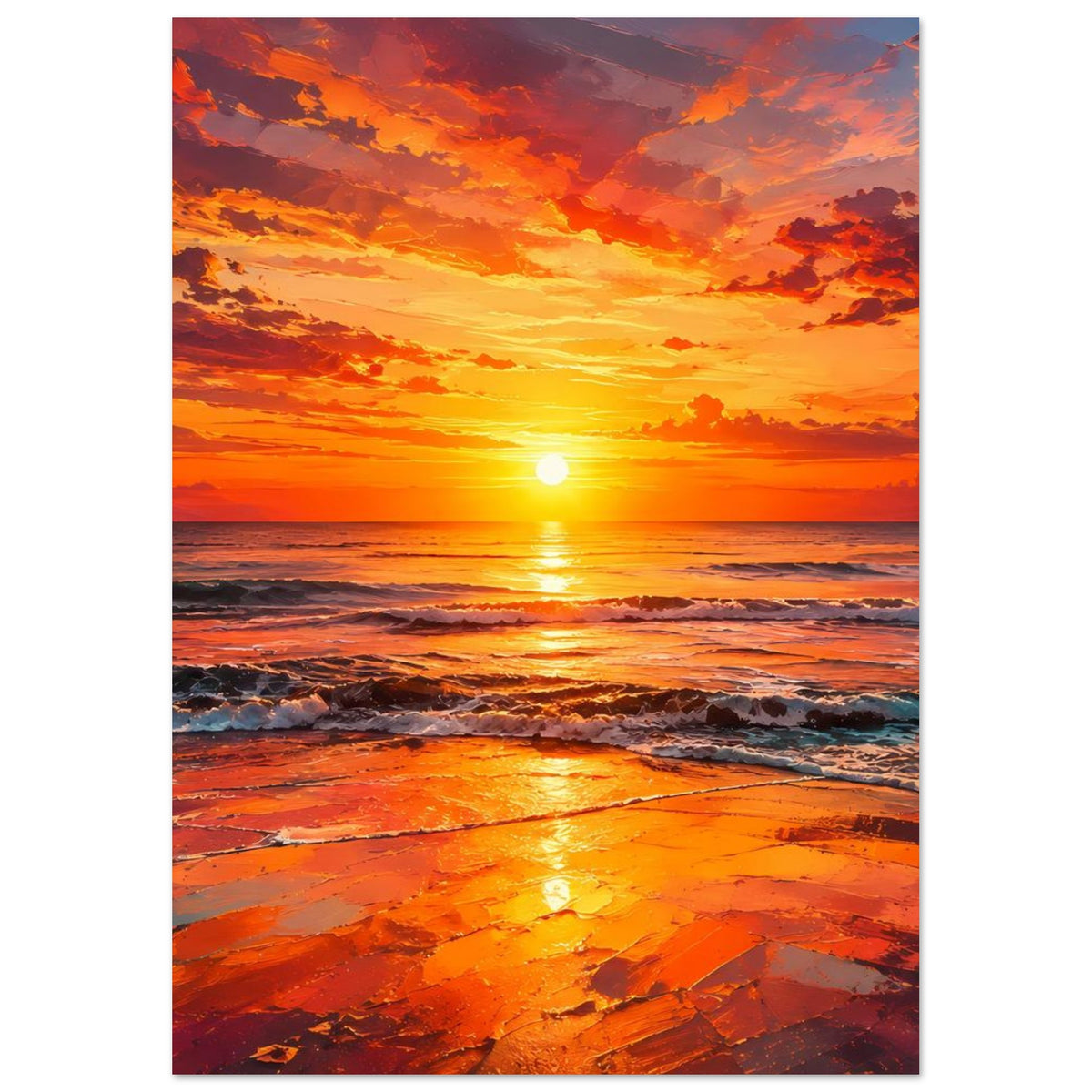 Vertikales Poster mit Strand bei Sonnenuntergang: warmes Orange, Sonne am Horizont, Wellen